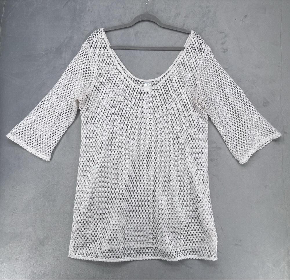 Kona Sol Tunic Womens L White Crochet Sheer 3/4 Sleeve Summer Beach Festival